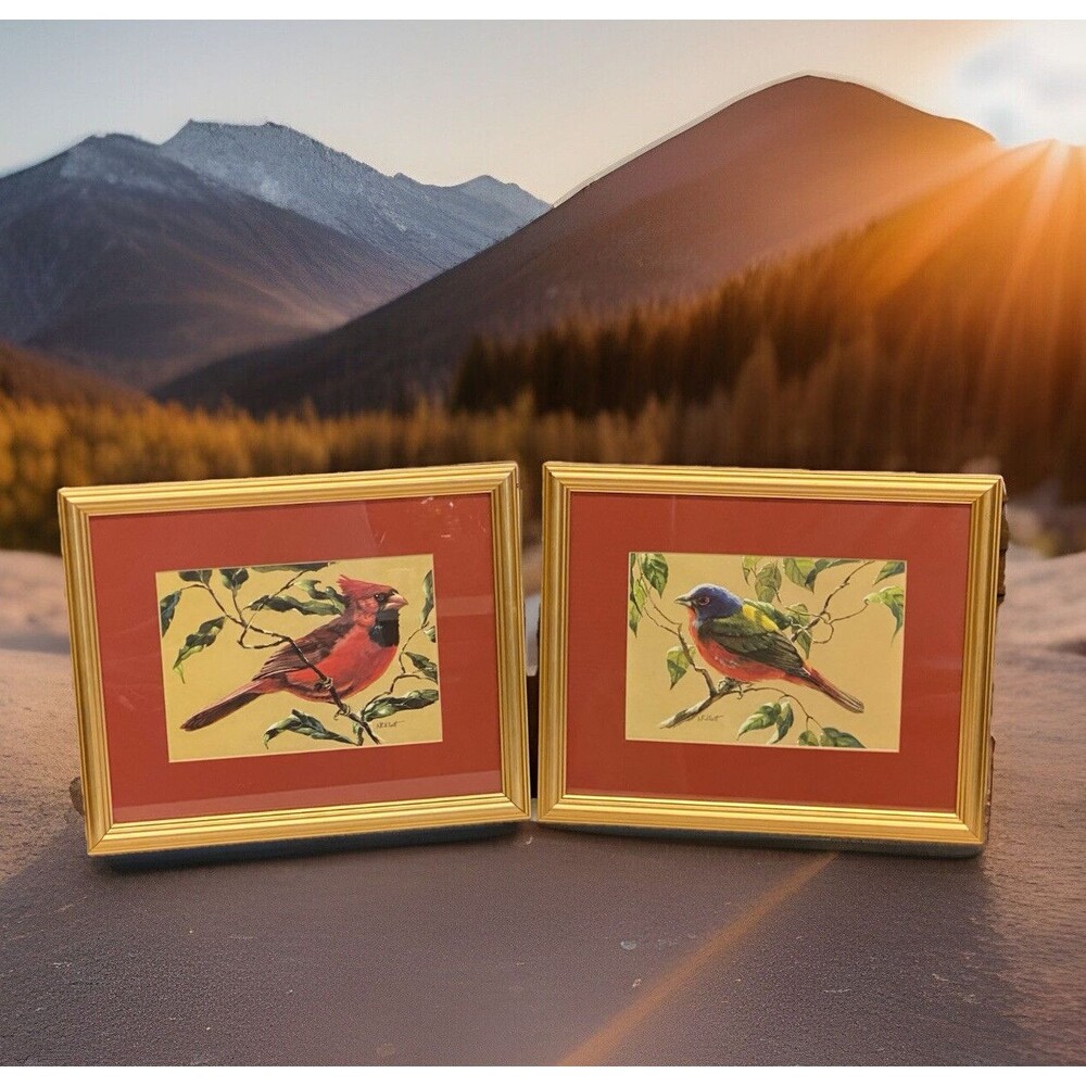 Nancy Ricker Rhett Bird Pictures Framed/Matted Print Bunting & Cardinal 11" x 9"